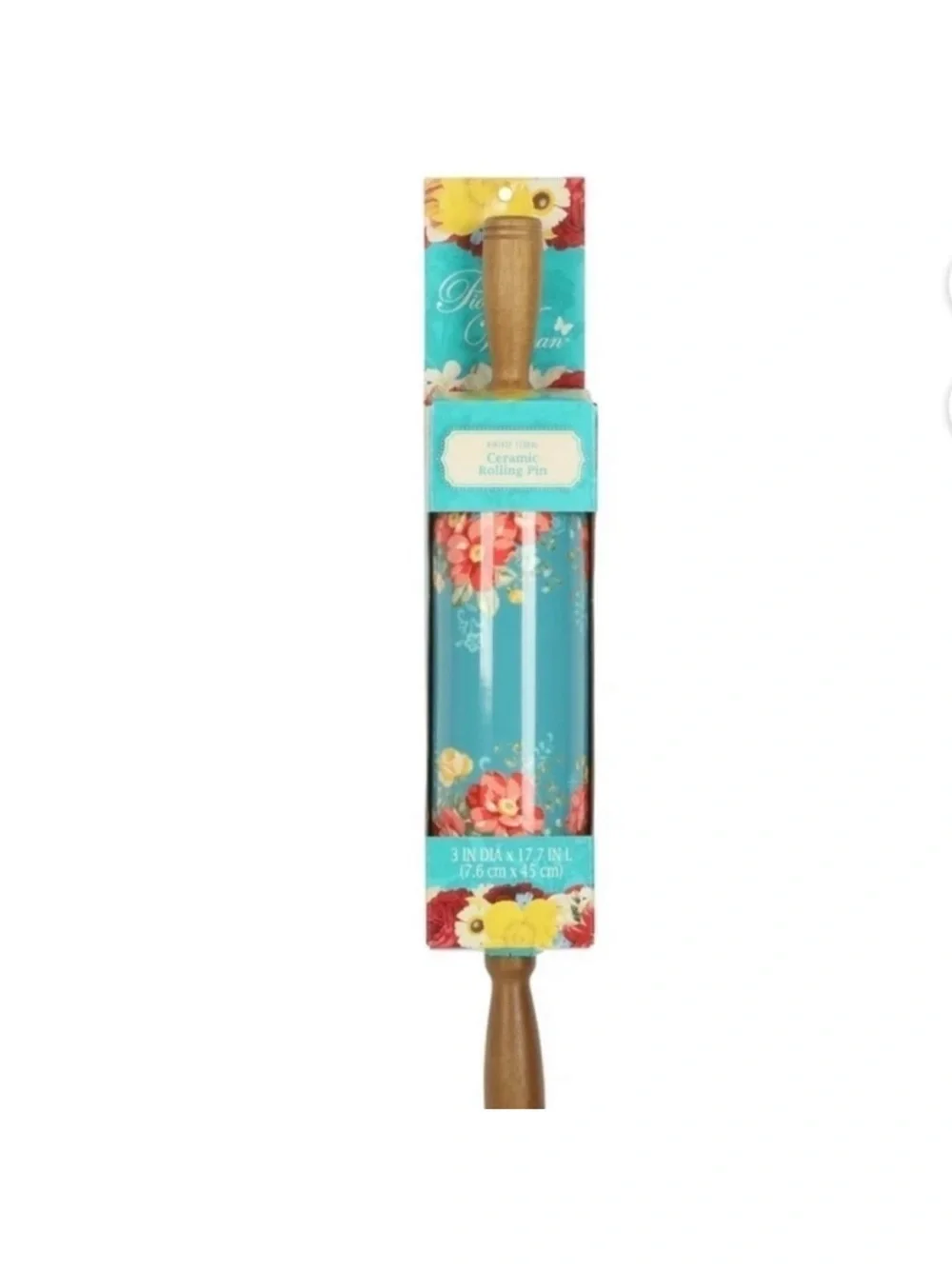 The Pioneer Woman Vintage Floral Ceramic Rolling Pin with Acacia Wood Handles